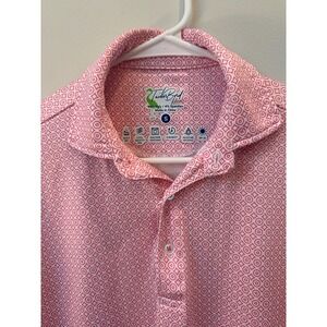 Men Small Tailorbyrd polo shirt pink and white geometric circle print.